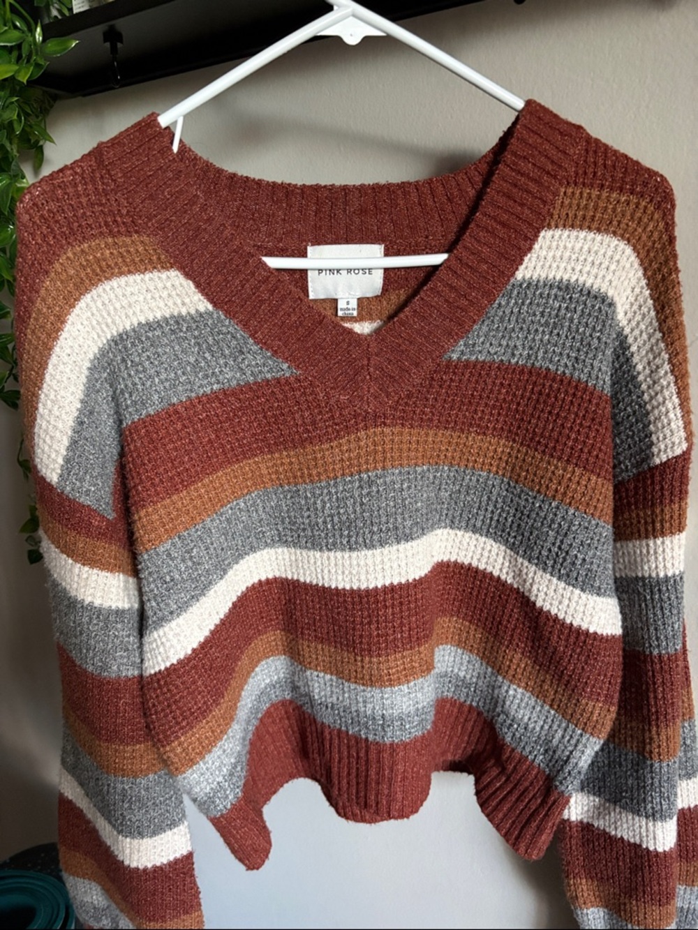 Pink Rose Multicolor Striped V-Neck Cropped Sweater — Rust, Gray & Cream